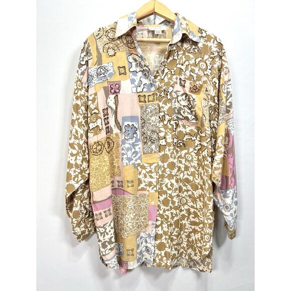 Cache Vintage 90s Beaded Artsy Patchwork Rayon Button Blouse Women’s L/XL - Picture 2 of 9